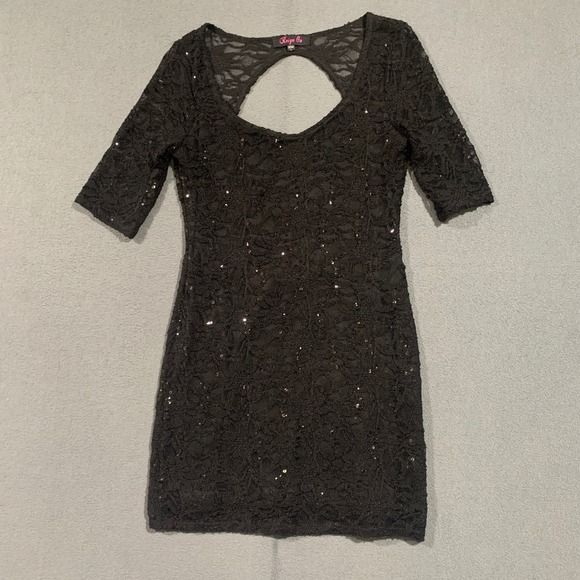 Reign On Dresses & Skirts - Reign On LBD Black Lace Sequin Open Back Bodycon Mini Dress Womens Large 45794JC